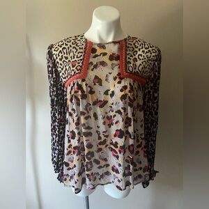 Blink London Anthropologie Multicolor Sheer Animal Print Peasant Top Size Small